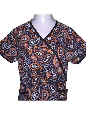 Halloween Paisley Medical Scrub Top Skulls Hearts Large Short Sleeve Pockets